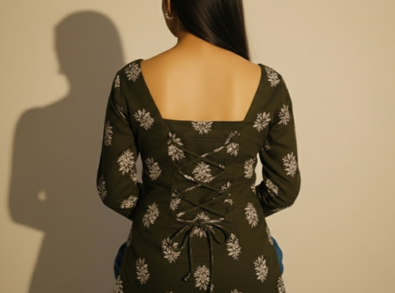 Paramsundari – Green Bell Sleeve Kurti with Back Corset.
