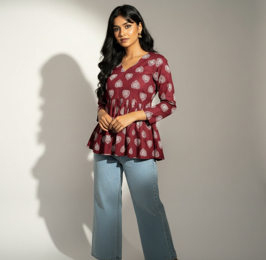 Purple – Purple V-Neck Peplum Top Style Short Kurti with Full Sleeves