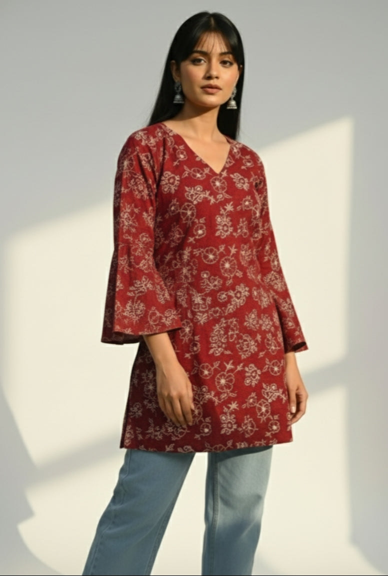 Mohini – Maroon V-Neck Short Kurti with Back-Open Corset & Bell Sleeves