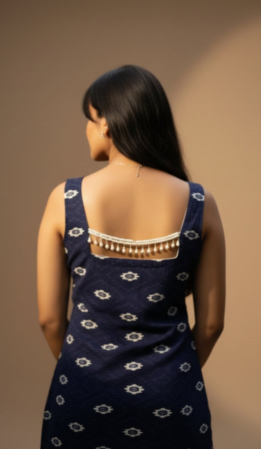 Desi Girl – Blue Square Neck Sleeveless Short Kurti with Back Beaded Detail