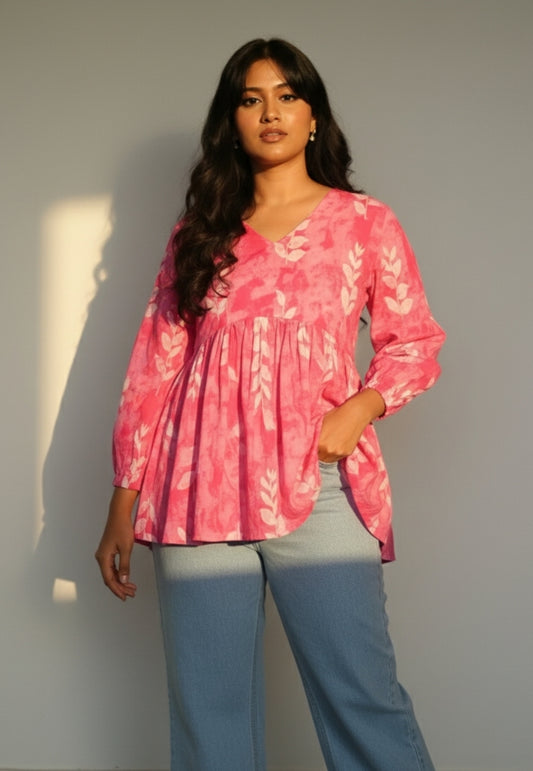 Desi Barbie – Pink V-Neck Full Sleeve Peplum Short Kurti