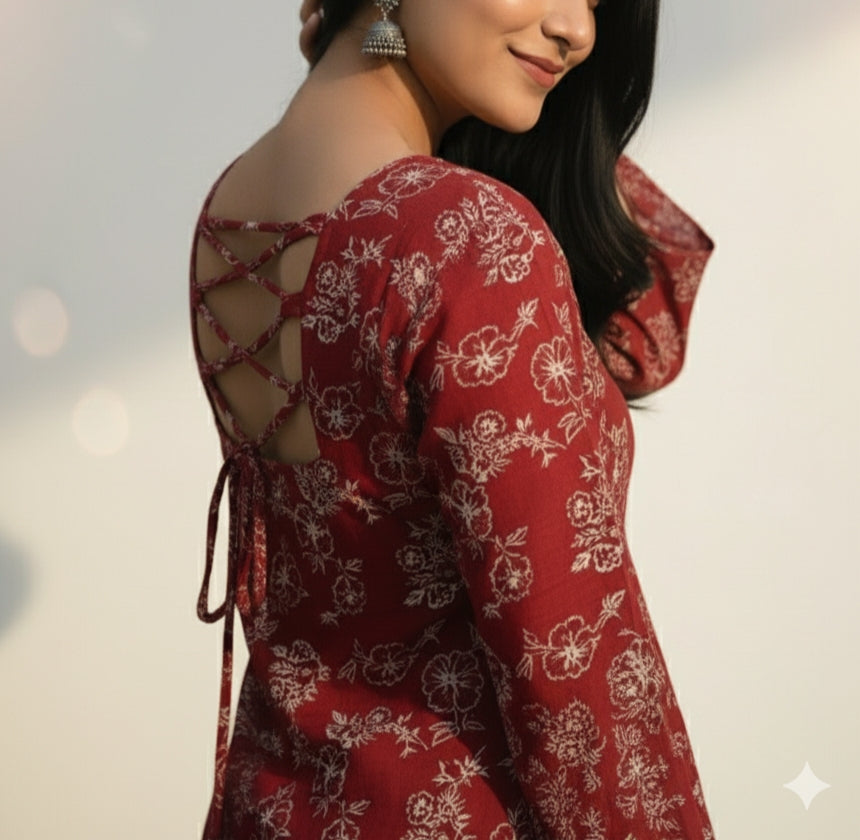 Mohini – Maroon V-Neck Short Kurti with Back-Open Corset & Bell Sleeves