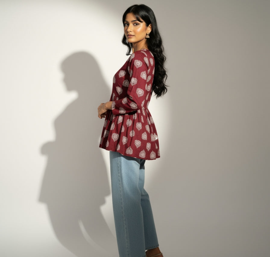 Purple – Purple V-Neck Peplum Top Style Short Kurti with Full Sleeves