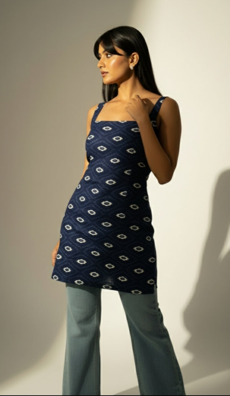 Desi Girl – Blue Square Neck Sleeveless Short Kurti with Back Beaded Detail