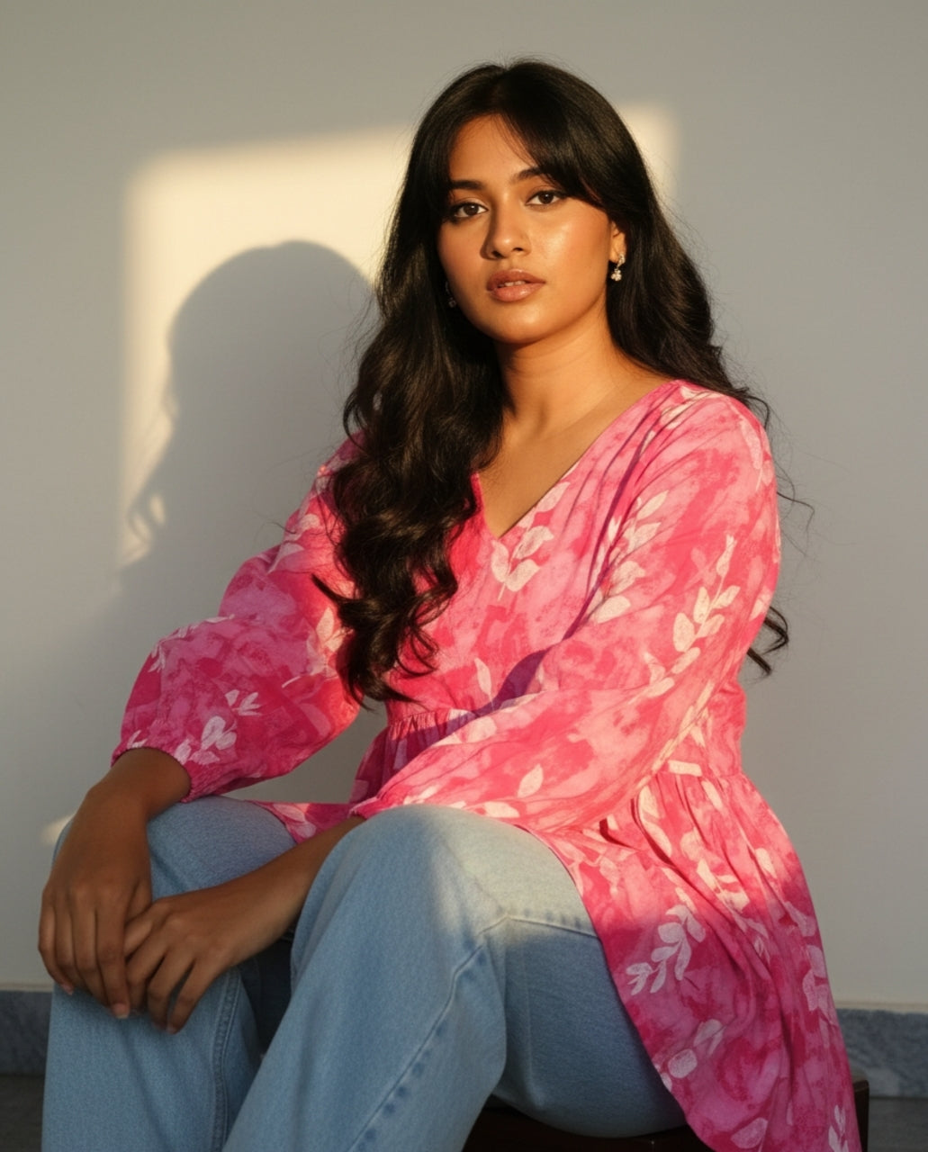 Desi Barbie – Pink V-Neck Full Sleeve Peplum Short Kurti