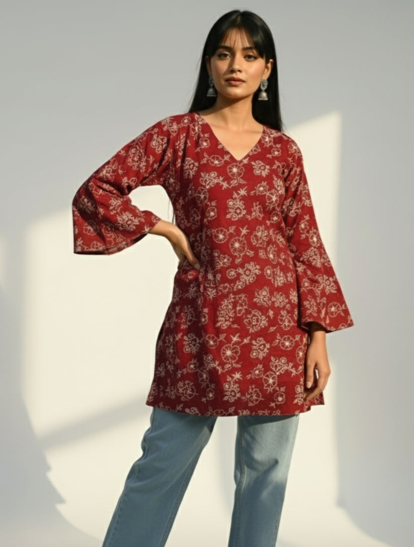Mohini – Maroon V-Neck Short Kurti with Back-Open Corset & Bell Sleeves