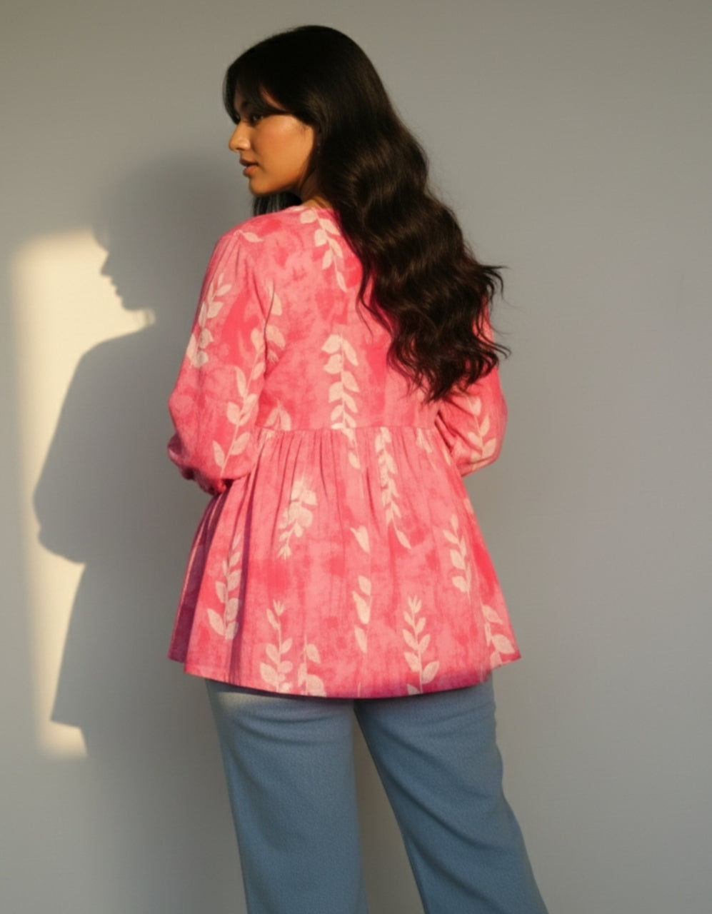 Desi Barbie – Pink V-Neck Full Sleeve Peplum Short Kurti