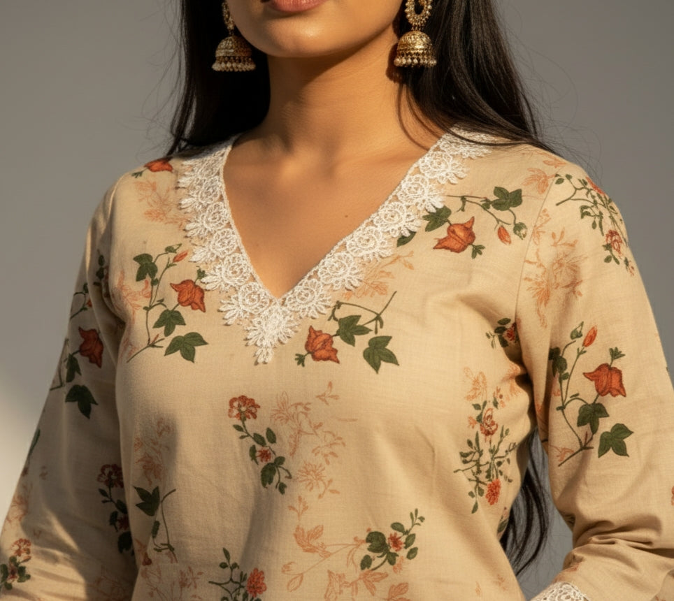 Vintage – Cream Floral Print Short Kurti with Quarter Sleeves & V-Neck Lace Detail