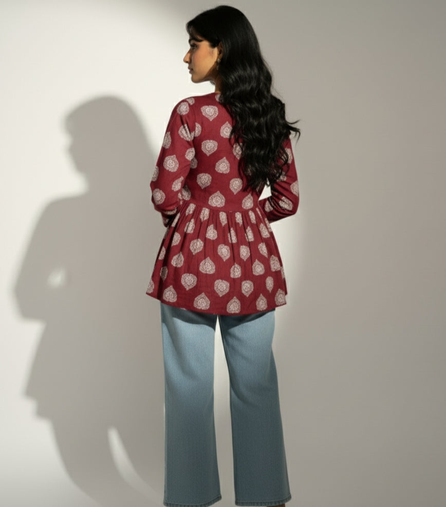 Purple – Purple V-Neck Peplum Top Style Short Kurti with Full Sleeves