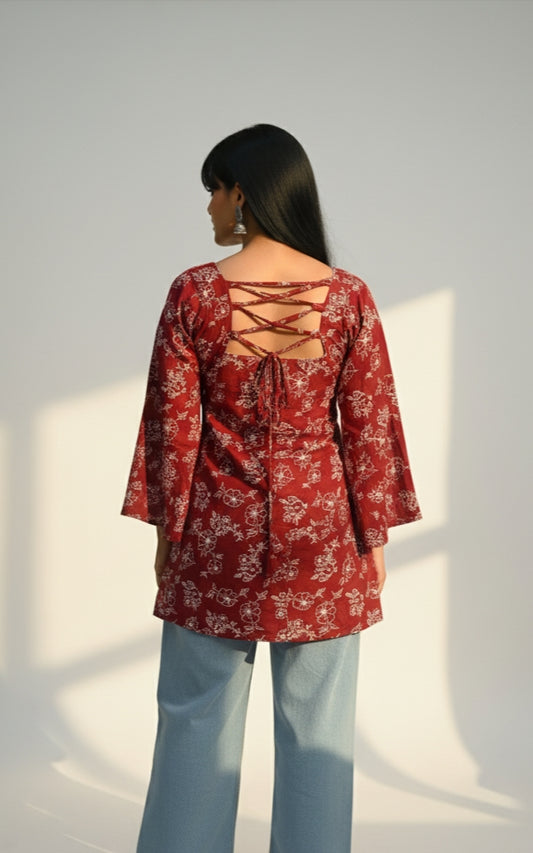 Mohini – Maroon V-Neck Short Kurti with Back-Open Corset & Bell Sleeves