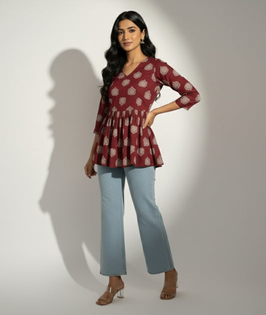 Purple – Purple V-Neck Peplum Top Style Short Kurti with Full Sleeves