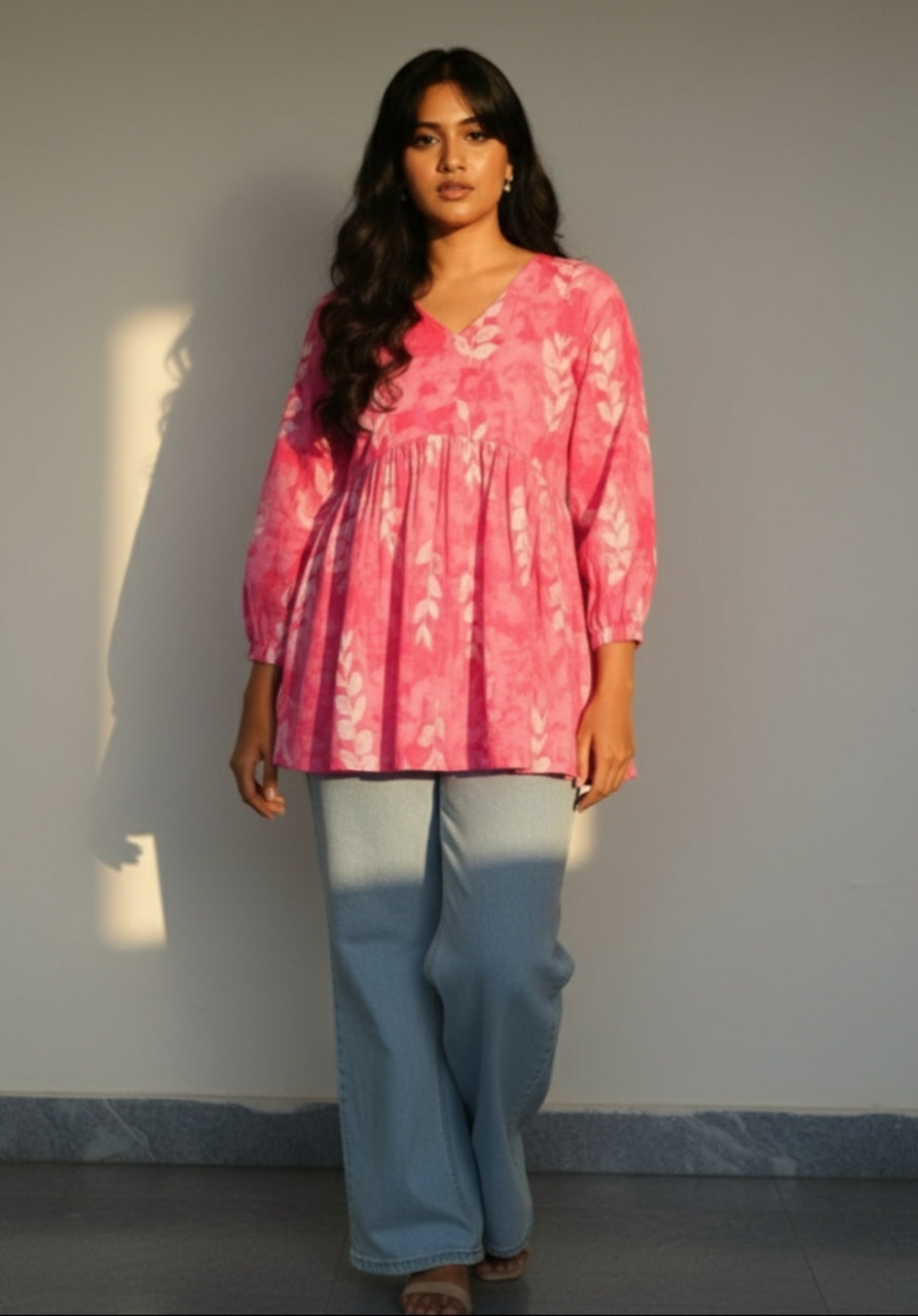 Desi Barbie – Pink V-Neck Full Sleeve Peplum Short Kurti