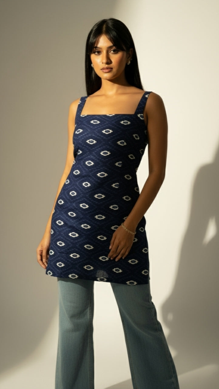 Desi Girl – Blue Square Neck Sleeveless Short Kurti with Back Beaded Detail