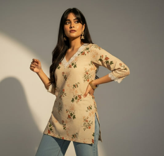 Vintage – Cream Floral Print Short Kurti with Quarter Sleeves & V-Neck Lace Detail