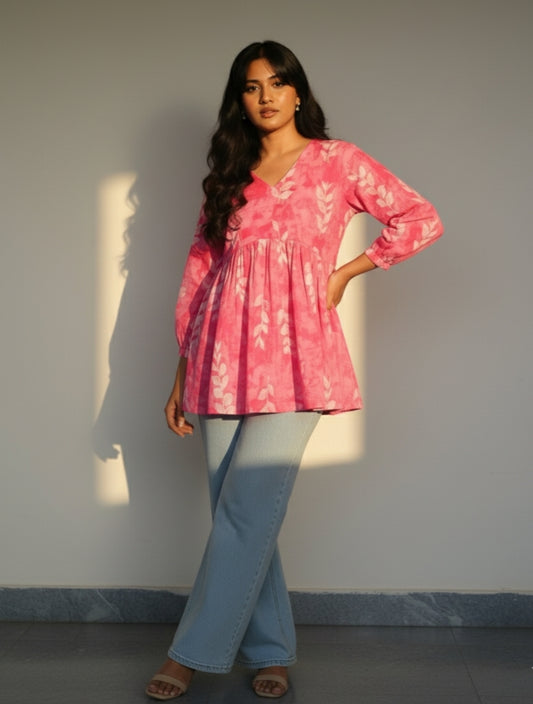 Desi Barbie – Pink V-Neck Full Sleeve Peplum Short Kurti