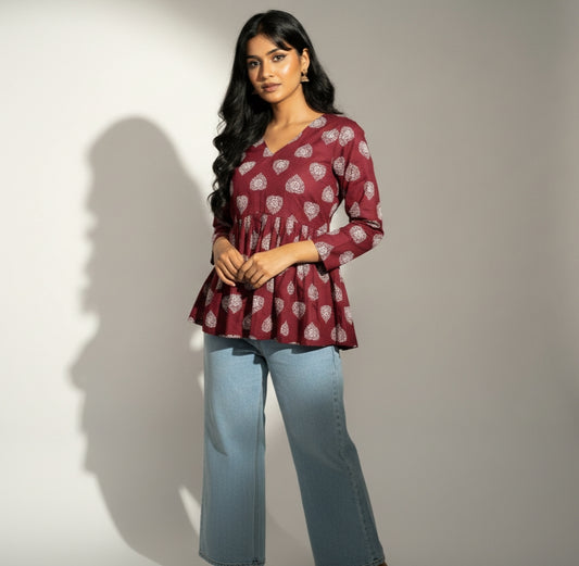 Purple – Purple V-Neck Peplum Top Style Short Kurti with Full Sleeves