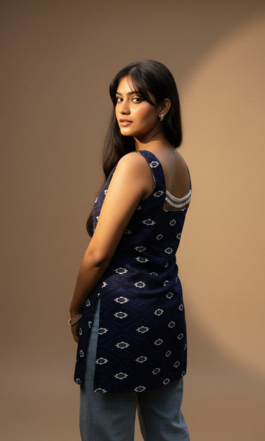 Desi Girl – Blue Square Neck Sleeveless Short Kurti with Back Beaded Detail
