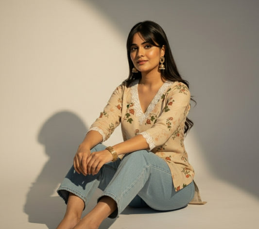 Vintage – Cream Floral Print Short Kurti with Quarter Sleeves & V-Neck Lace Detail