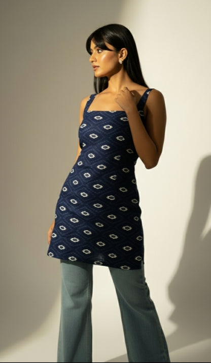 Desi Girl – Blue Square Neck Sleeveless Short Kurti with Back Beaded Detail