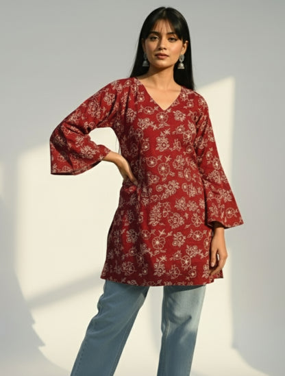 Mohini – Maroon V-Neck Short Kurti with Back-Open Corset & Bell Sleeves