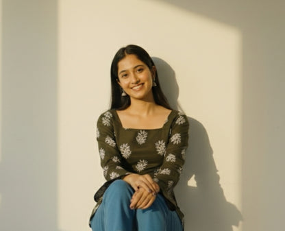 Paramsundari – Green Bell Sleeve Kurti with Back Corset.