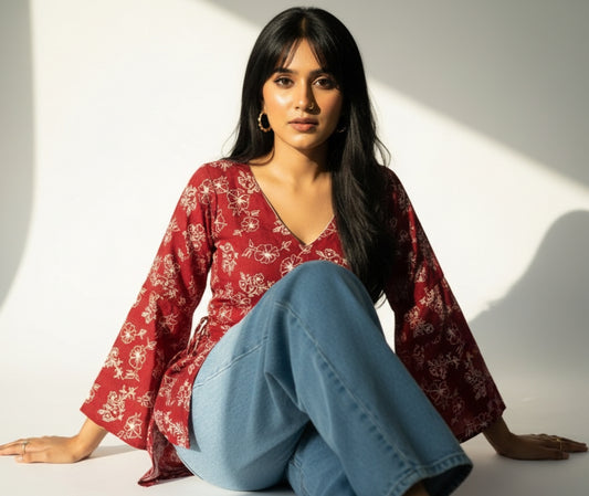 Mohini – Maroon V-Neck Short Kurti with Back-Open Corset & Bell Sleeves