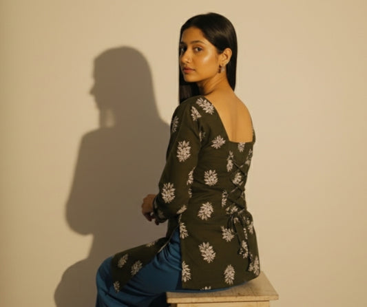 Paramsundari – Green Bell Sleeve Kurti with Back Corset.